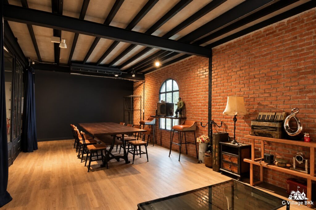 Brick Zone ภายใน The Circus Studio ตกแต่งด้วยผนังอิฐ งานไม้และเฟอร์นิเจอร์