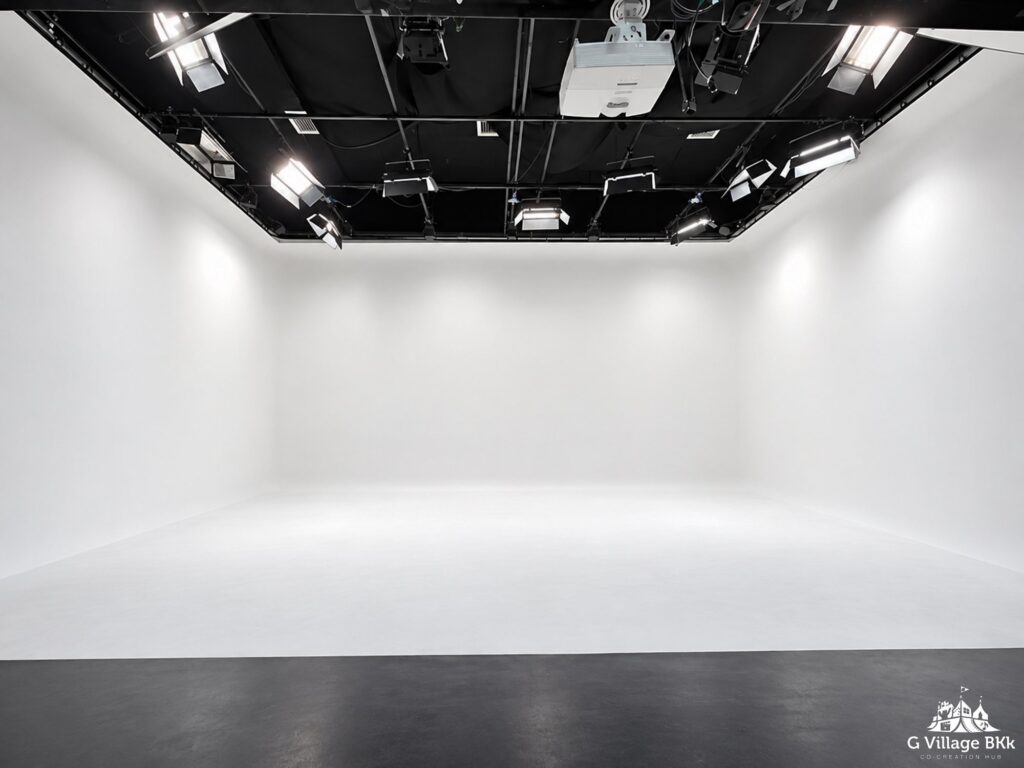ฉากขาว The Stage Studio พร้อมพื้นที่ถ่ายทำและไฟบนเพดาน