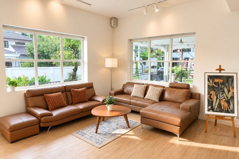 Living Room โซฟาหนังเข้ามุมกับแสงธรรมชาติจากหน้าต่าง ใน Life House Studio