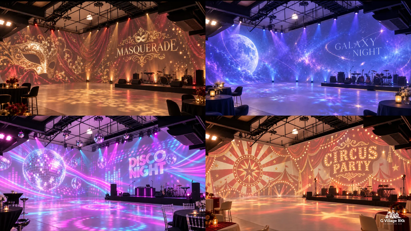 ไอเดียธีมงานปีใหม่ Masquerade Galaxy Disco Circus ด้วยภาพฉาย Immersive
